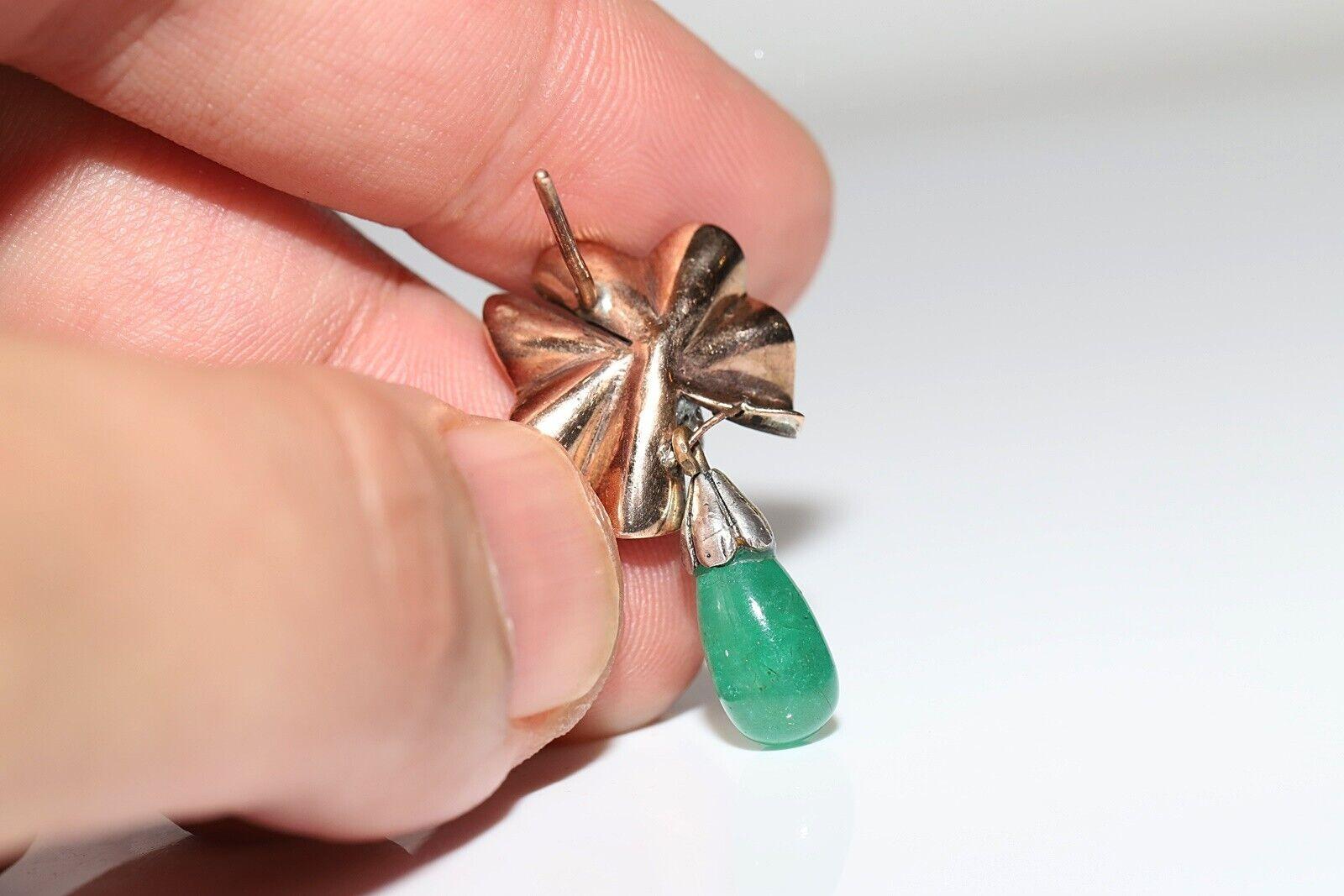Vintage 8K Gold Natural Rose Cut Diamond And Emerald Drop Earring For Sale 3