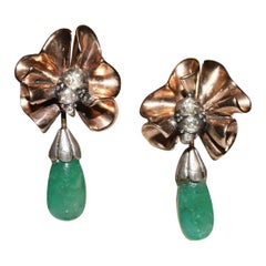 Vintage 8K Gold Natural Rose Cut Diamond And Emerald Drop Earring