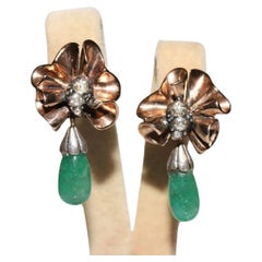 Boucle d'oreille pendante vintage en or 8K avec diamant naturel taille rose et émeraude