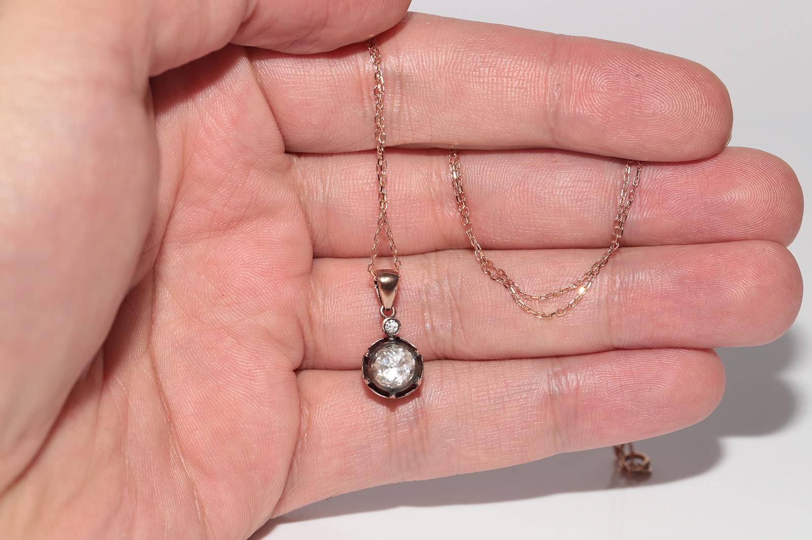 Vintage 8k Gold Natural Rose Cut Diamond Solitaire Pendant Necklace For Sale 5