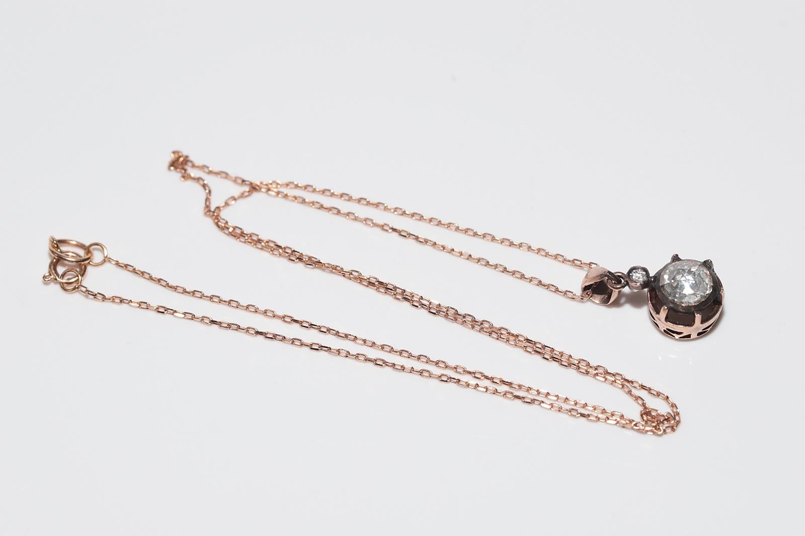 Vintage 8k Gold Natural Rose Cut Diamond Solitaire Pendant Necklace For Sale 8
