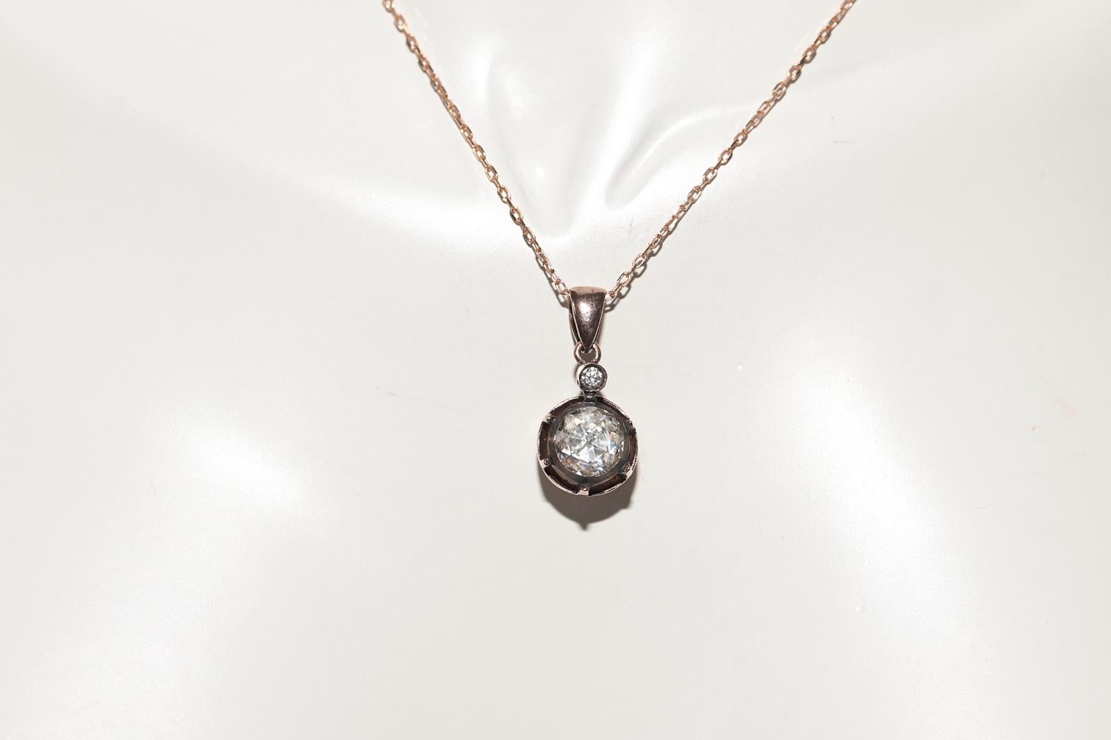 Retro Vintage 8k Gold Natural Rose Cut Diamond Solitaire Pendant Necklace For Sale