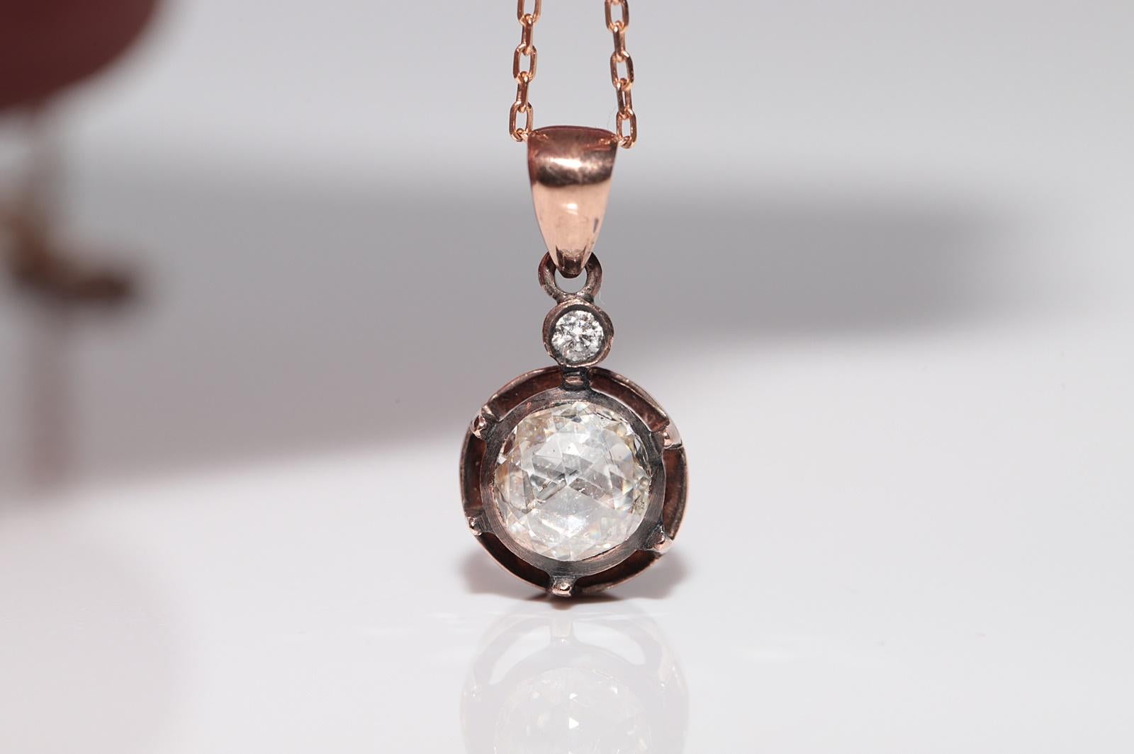 Women's Vintage 8k Gold Natural Rose Cut Diamond Solitaire Pendant Necklace For Sale