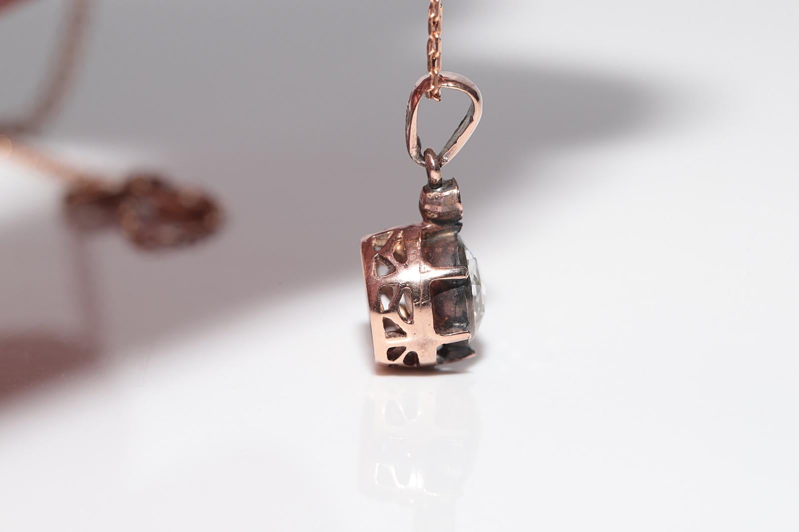 Vintage 8k Gold Natural Rose Cut Diamond Solitaire Pendant Necklace For Sale 1