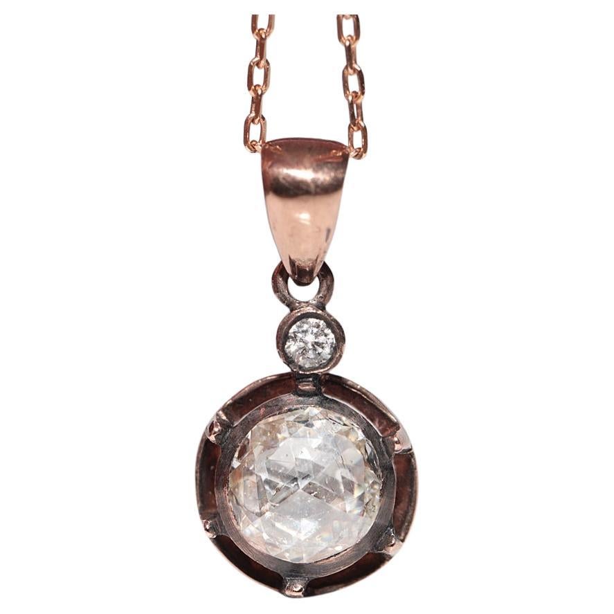 Collier pendentif solitaire vintage en or 8 carats avec diamants naturels taille rose