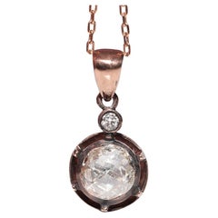 Vintage 8k Gold Natural Rose Cut Diamond Solitaire Pendant Necklace