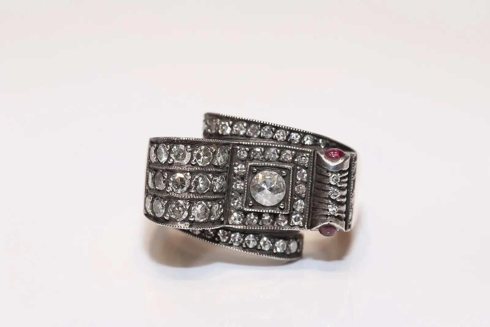 Brilliant Cut Vintage 8k Gold Top Silver Natural Diamond And Ruby Decorated  Tank Ring  For Sale