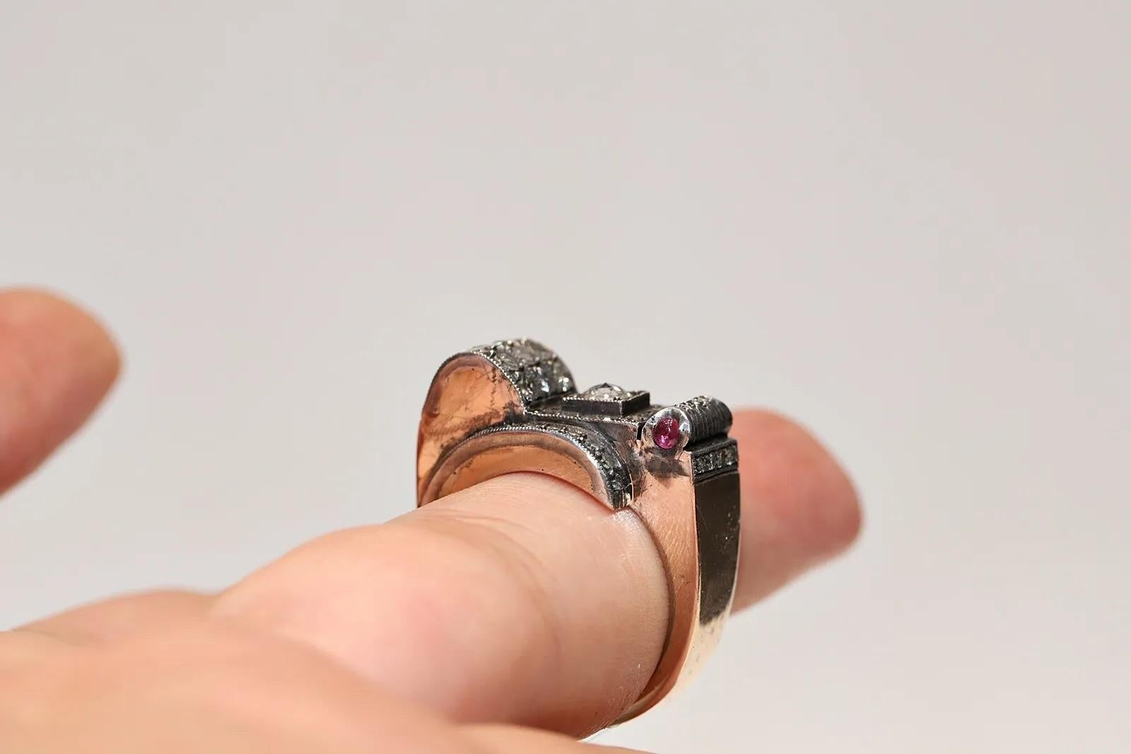 Vintage 8k Gold Top Silver Natural Diamond And Ruby Decorated  Tank Ring For Sale 3
