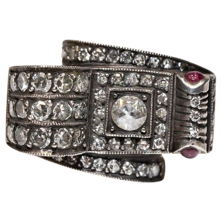Vintage 8k Gold Top Silver Natural Diamond And Ruby Decorated  Tank Ring  For Sale