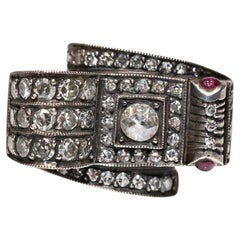 Retro 8k Gold Top Silver Natural Diamond And Ruby Decorated  Tank Ring 