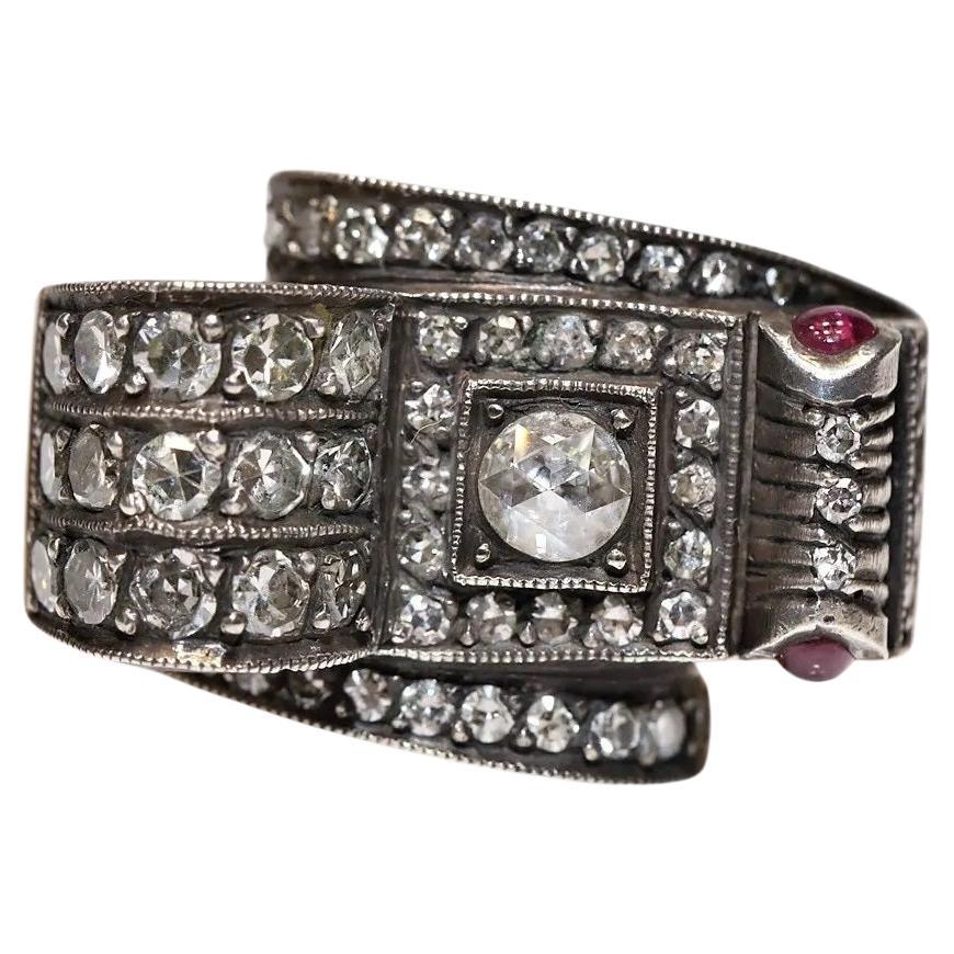 8 Karat Gold Platin Silber natürlicher Diamant und Rubin Dekoriert Vintage  Tank Ring im Angebot