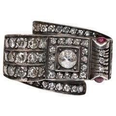 Vintage 8k Gold Top Silver Natural Diamond And Ruby Decorated  Tank Ring