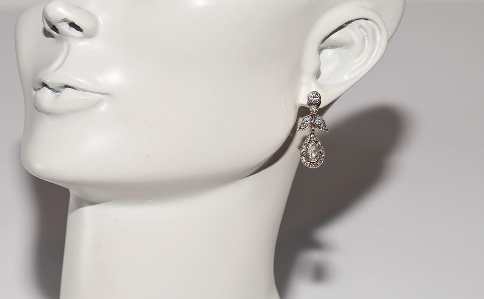 Vintage 8k Gold Top Silber natürlicher Diamant Dekorierter Tropfenohrring im Angebot 4