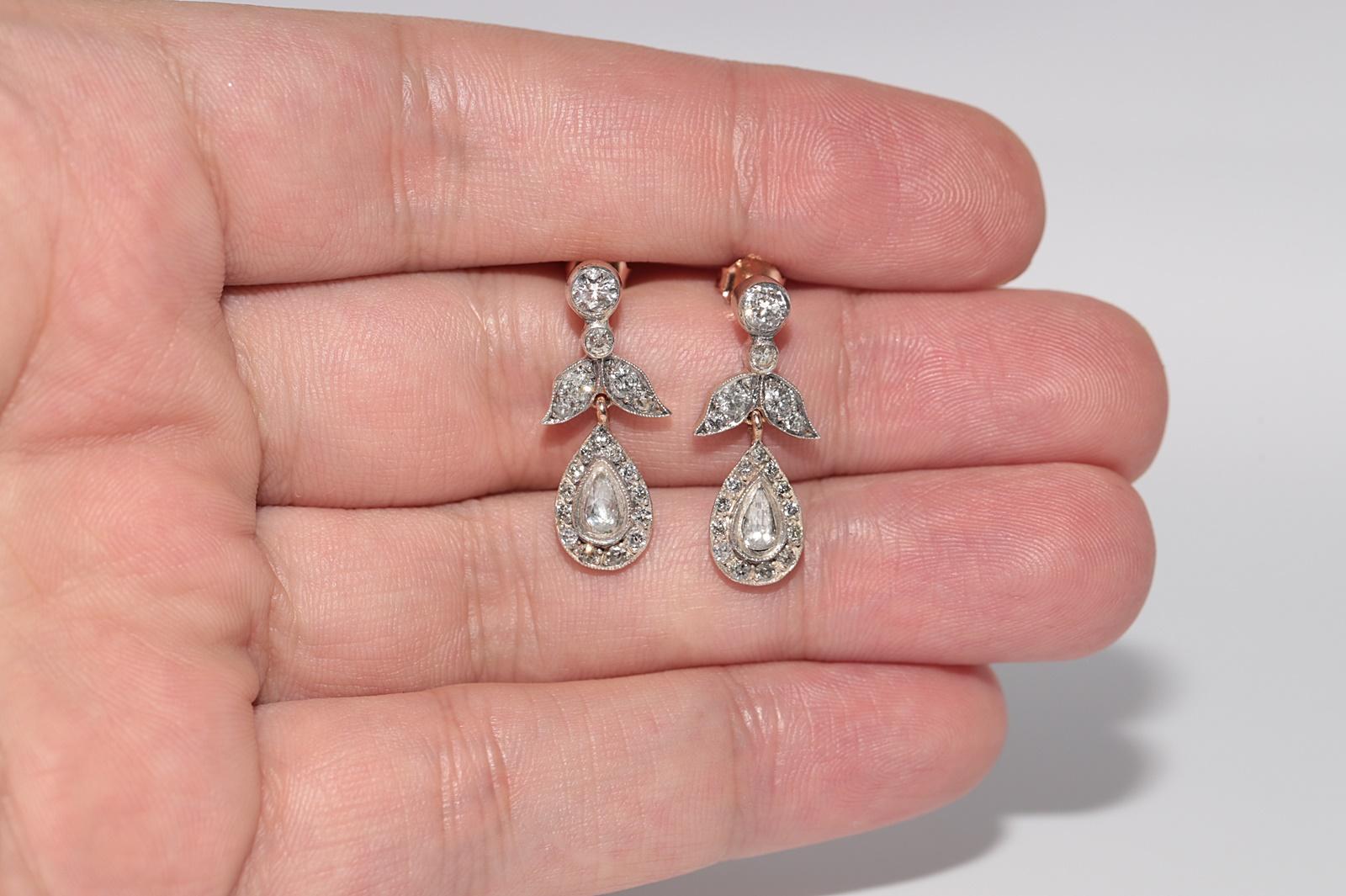 Vintage 8k Gold Top Silber natürlicher Diamant Dekorierter Tropfenohrring im Angebot 7