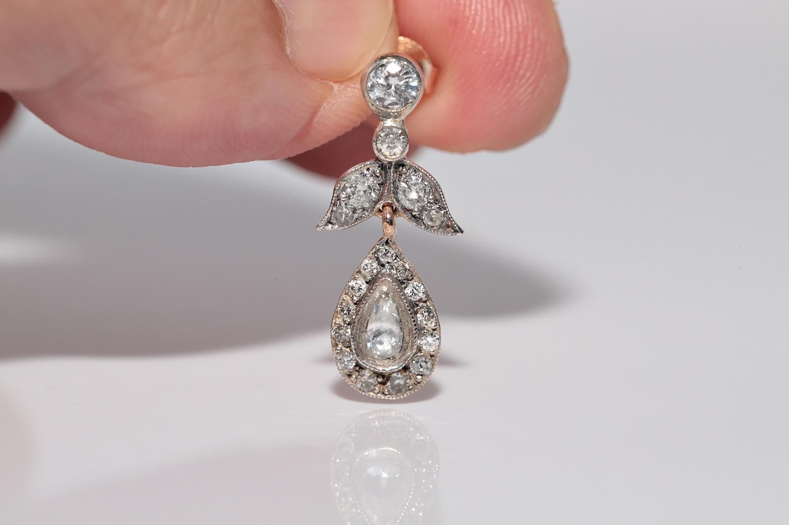Vintage 8k Gold Top Silber natürlicher Diamant Dekorierter Tropfenohrring im Angebot 8