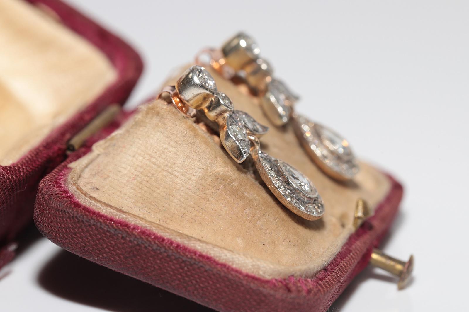 Vintage 8k Gold Top Silber natürlicher Diamant Dekorierter Tropfenohrring (Brillantschliff) im Angebot