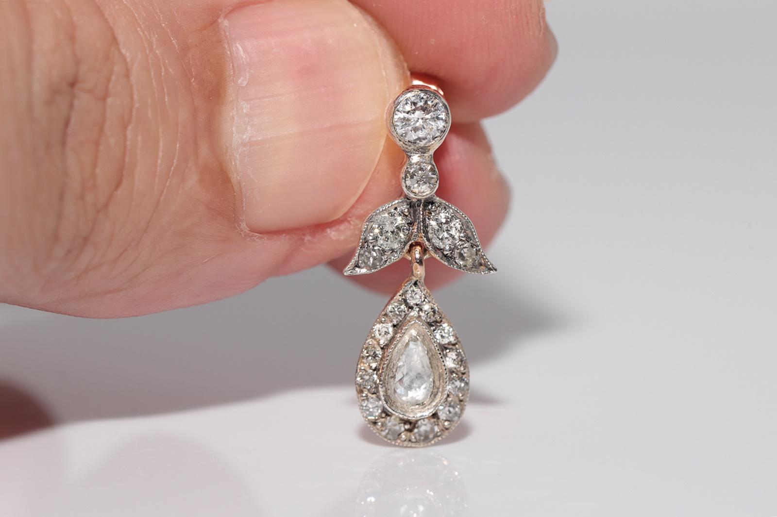 Vintage 8k Gold Top Silber natürlicher Diamant Dekorierter Tropfenohrring Damen im Angebot