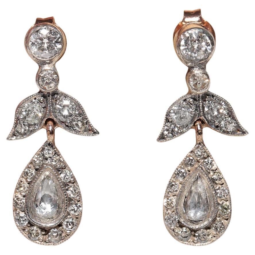 Vintage 8k Gold Top Silber natürlicher Diamant Dekorierter Tropfenohrring