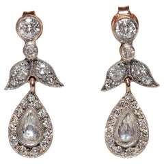 Vintage 8k Gold Top Silber natürlicher Diamant Dekorierter Tropfenohrring