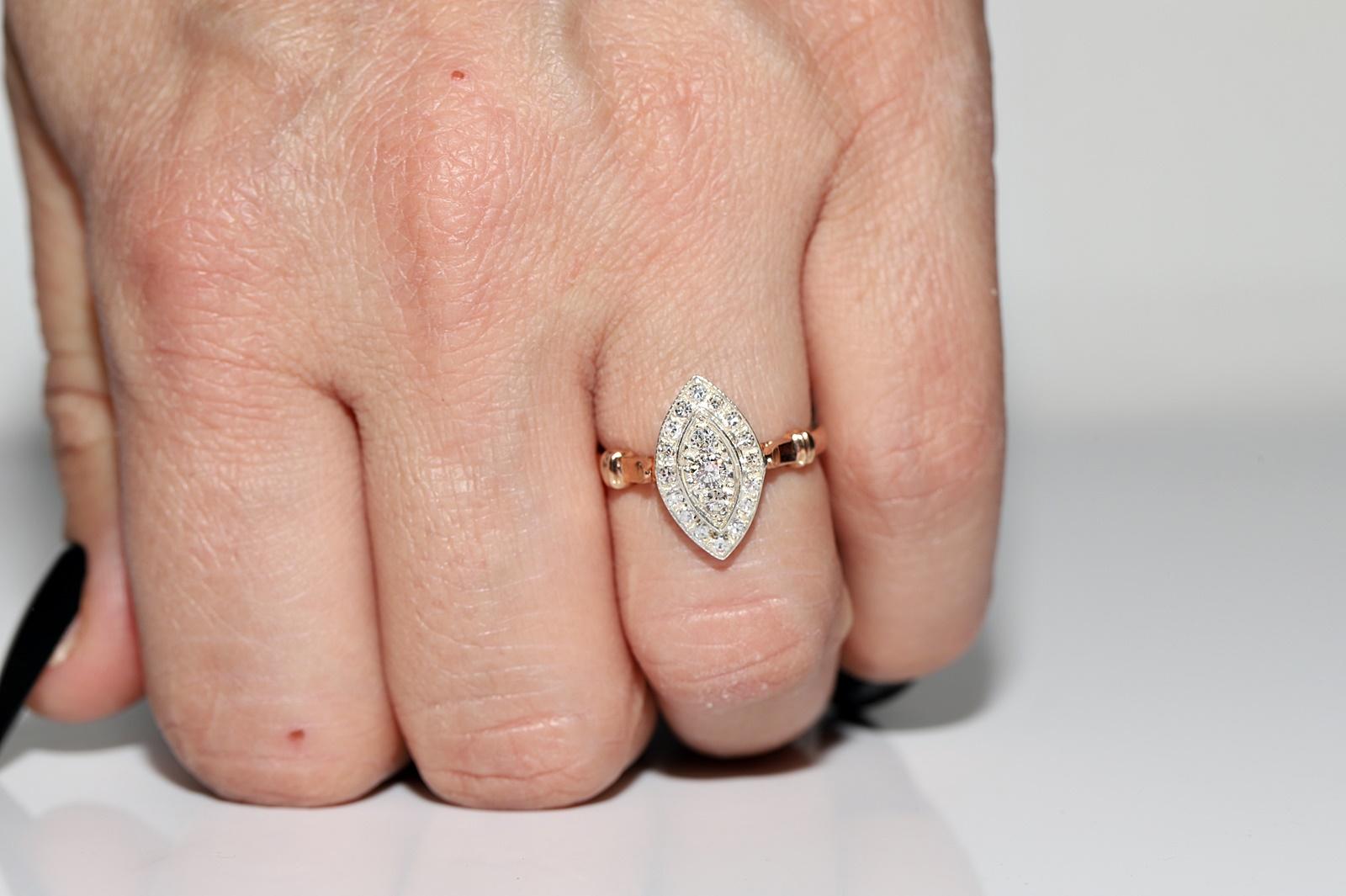 Retro Vintage 8k Gold Top Silver Natural Diamond Decorated Navette Ring  For Sale