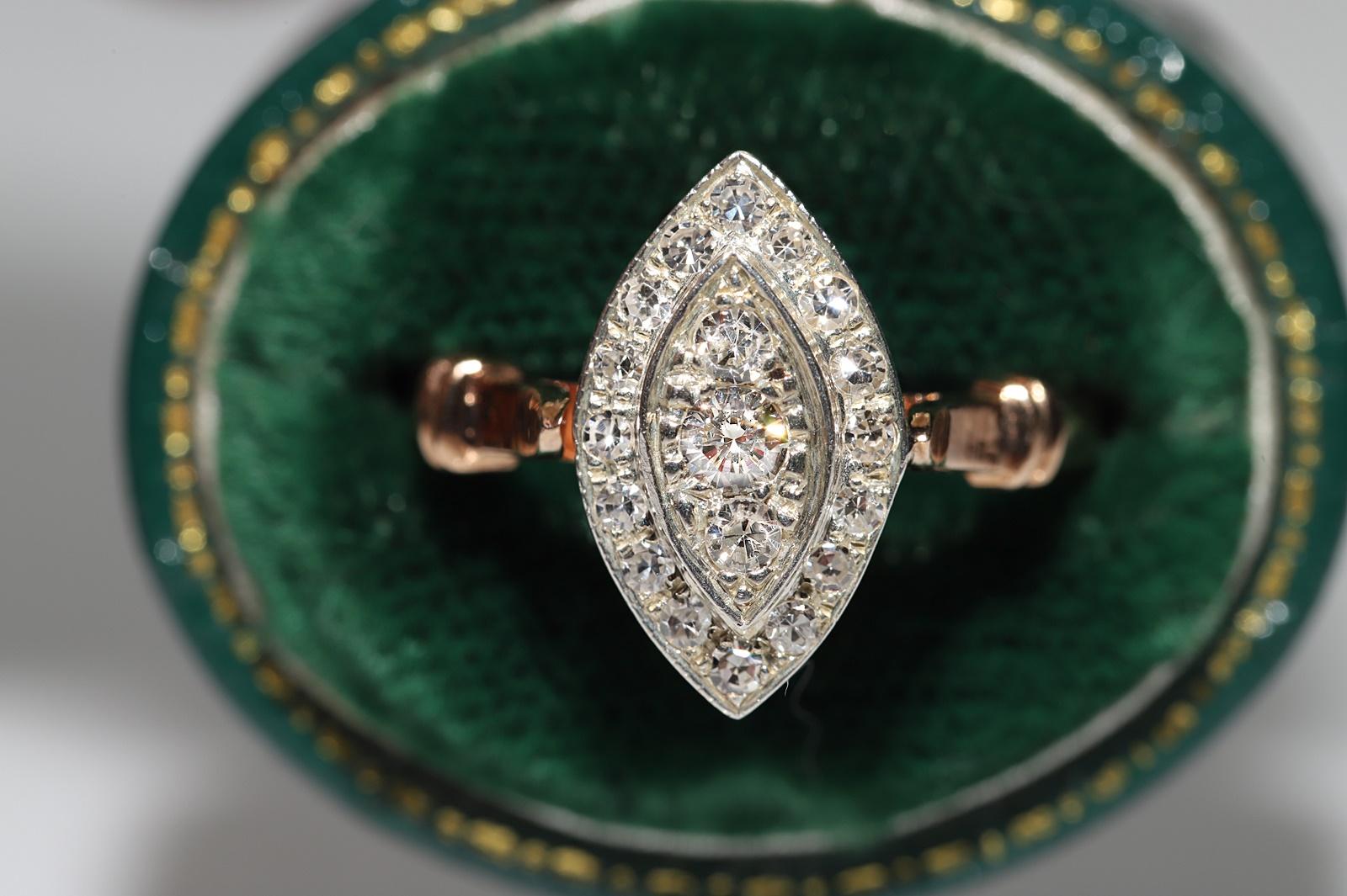 Vintage 8k Gold Top Silver Natural Diamond Decorated Navette Ring  In Good Condition For Sale In Fatih/İstanbul, 34