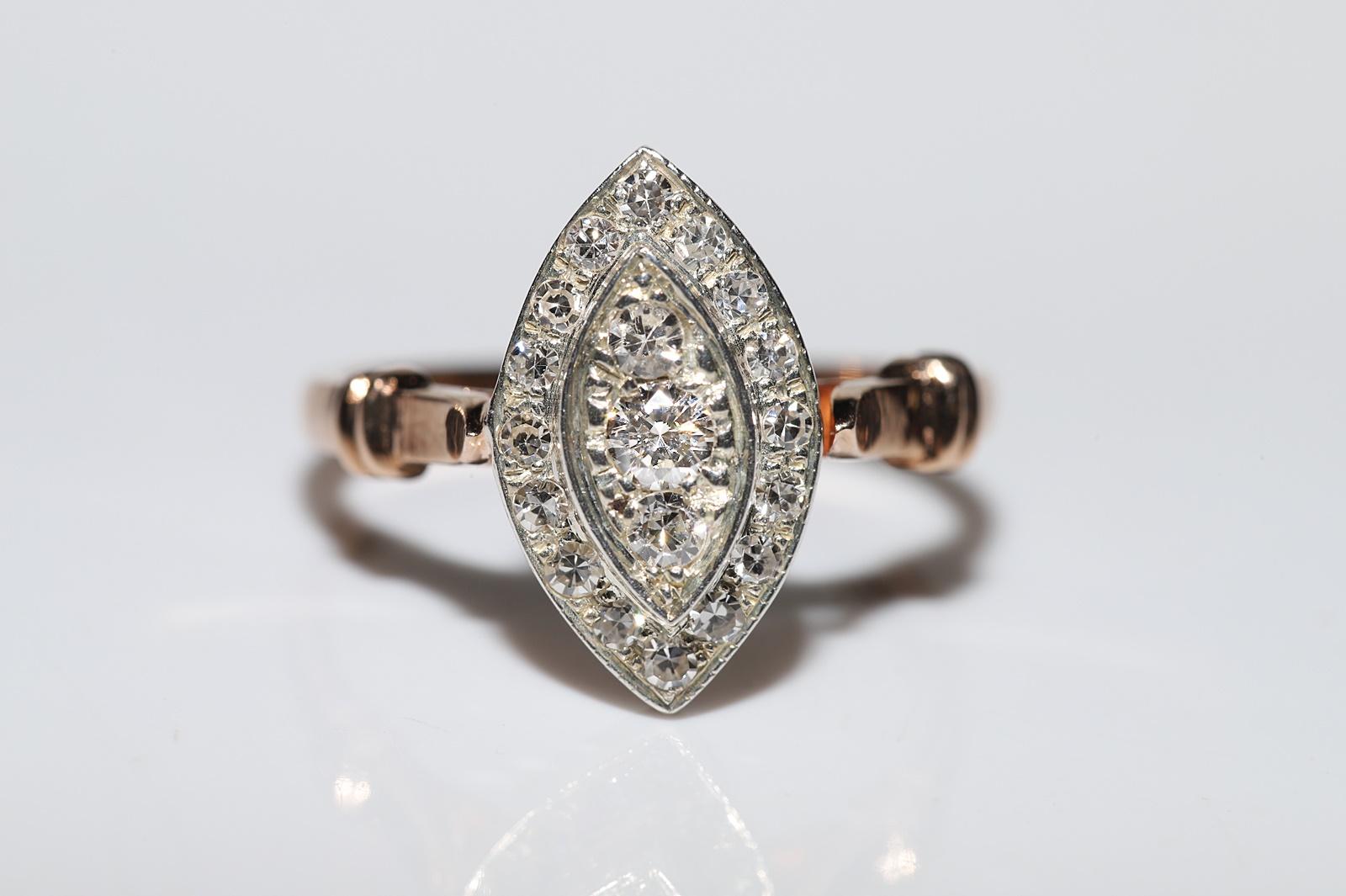 Vintage 8k Gold Top Silver Natural Diamond Decorated Navette Ring  For Sale 1