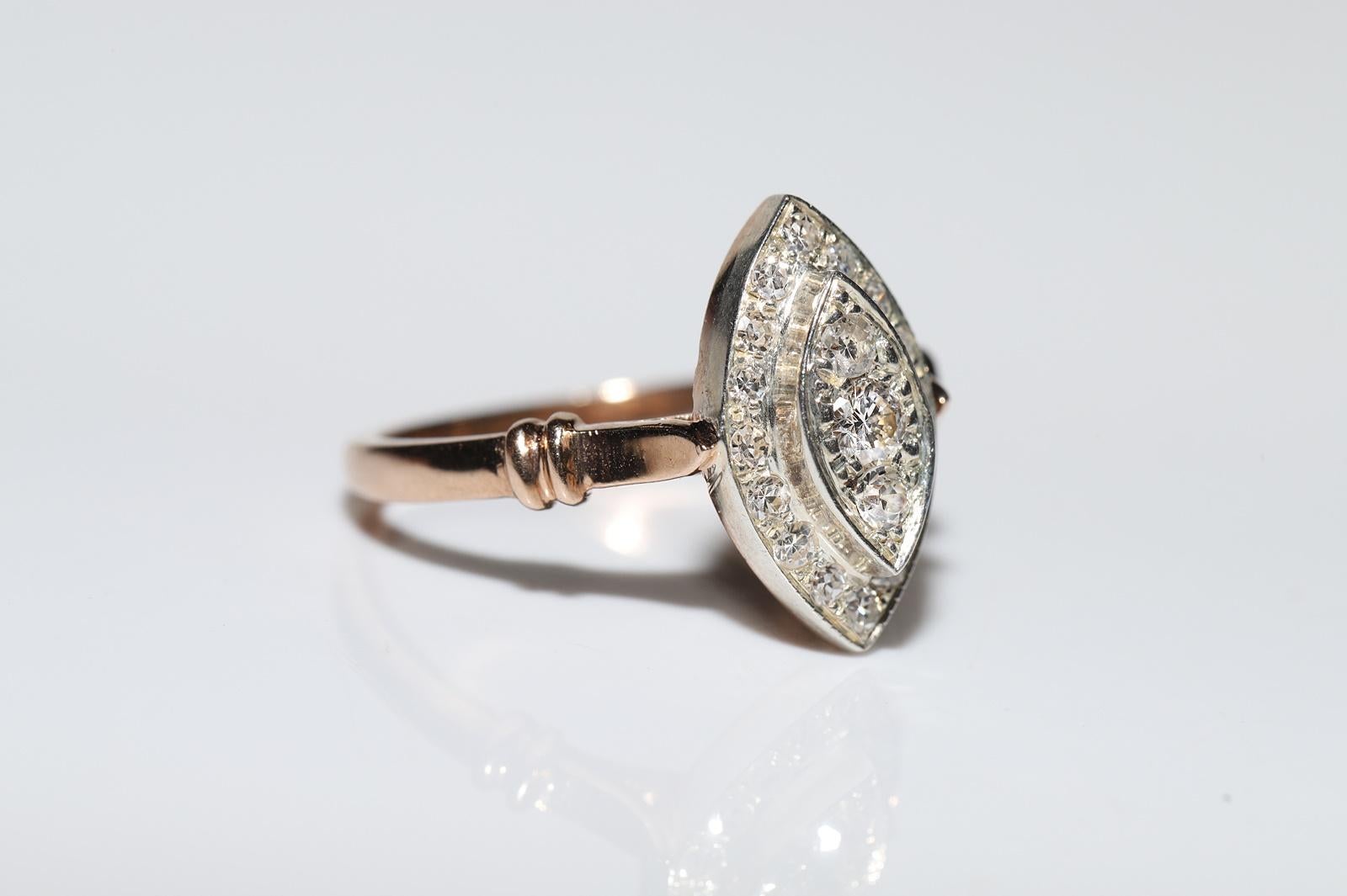 Vintage 8k Gold Top Silver Natural Diamond Decorated Navette Ring  For Sale 3