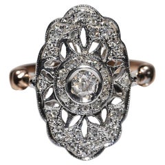 Vintage 8k Gold Top Silver Natural Diamond Decorated Navette Ring 