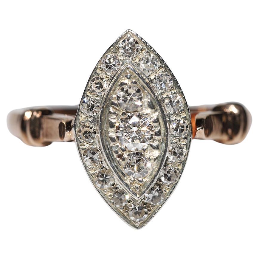 Vintage 8k Gold Top Silver Natural Diamond Decorated Navette Ring  For Sale