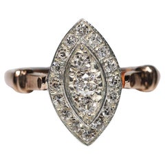 Retro 8k Gold Top Silver Natural Diamond Decorated Navette Ring 