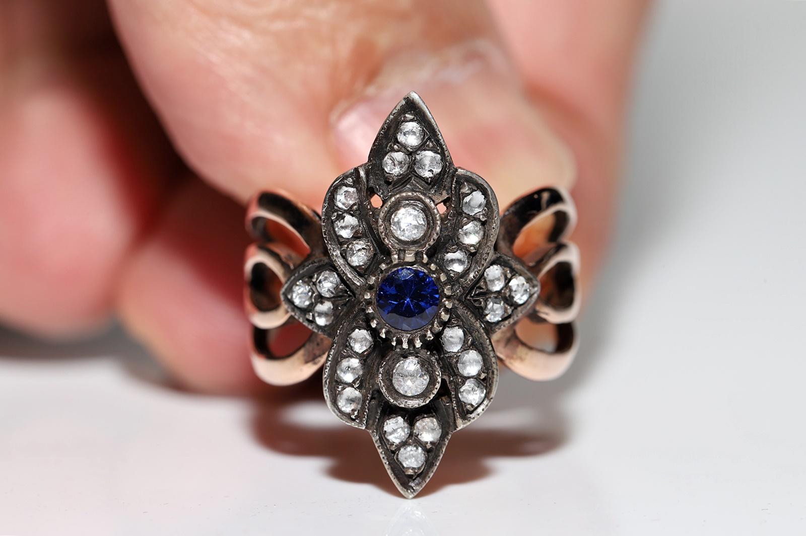 Donna Anello vintage in oro 8k e argento con diamante naturale taglio rosa e zaffiro in vendita