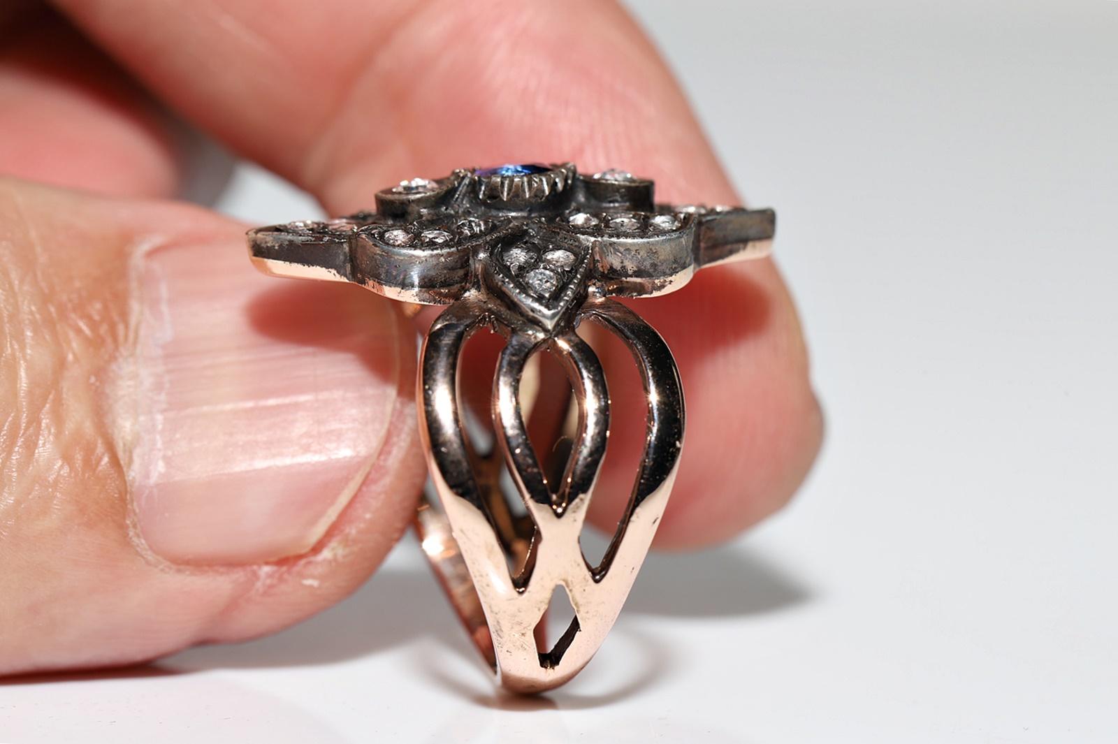 Anello vintage in oro 8k e argento con diamante naturale taglio rosa e zaffiro in vendita 1