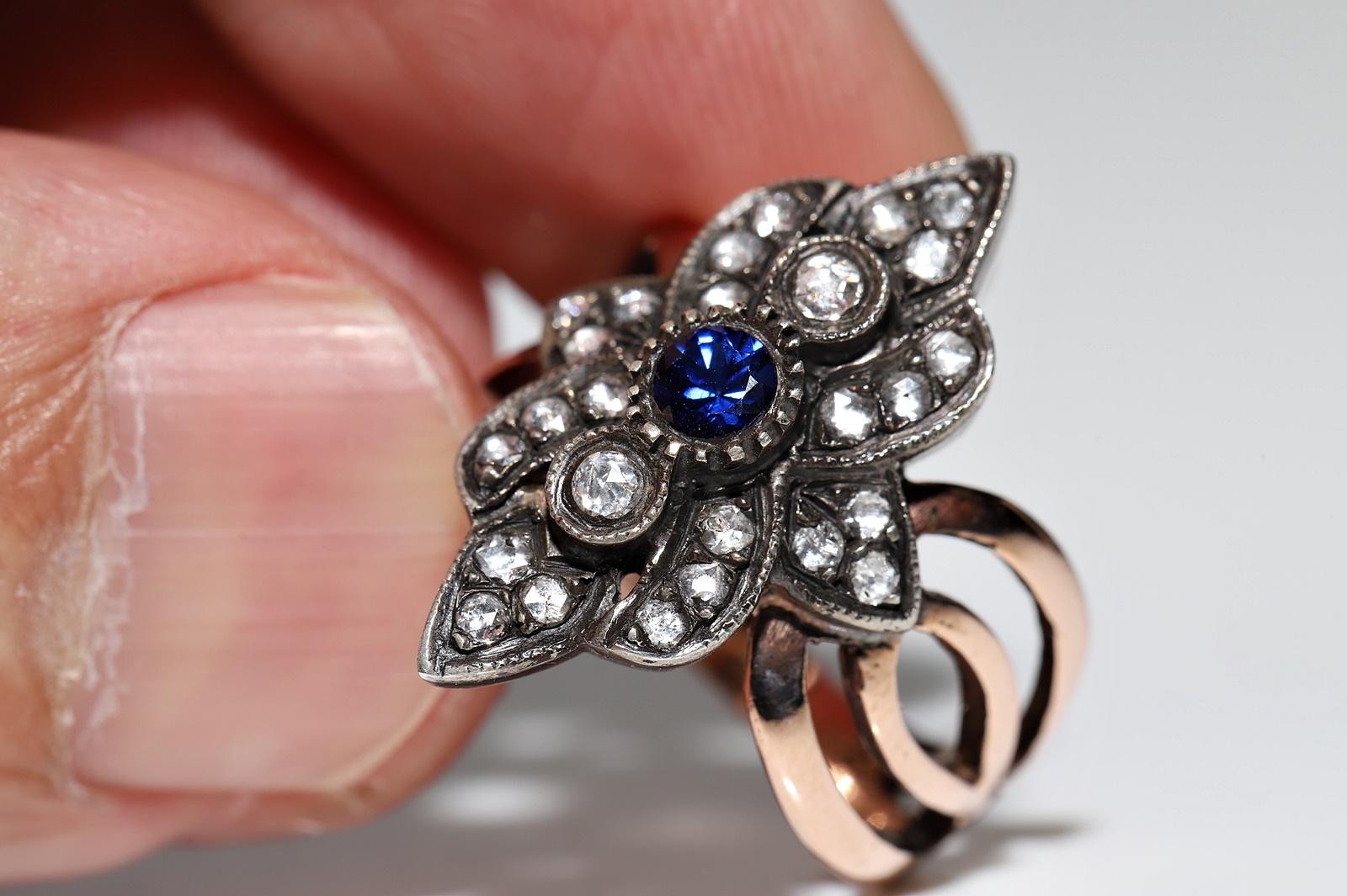 Anello vintage in oro 8k e argento con diamante naturale taglio rosa e zaffiro in vendita 2