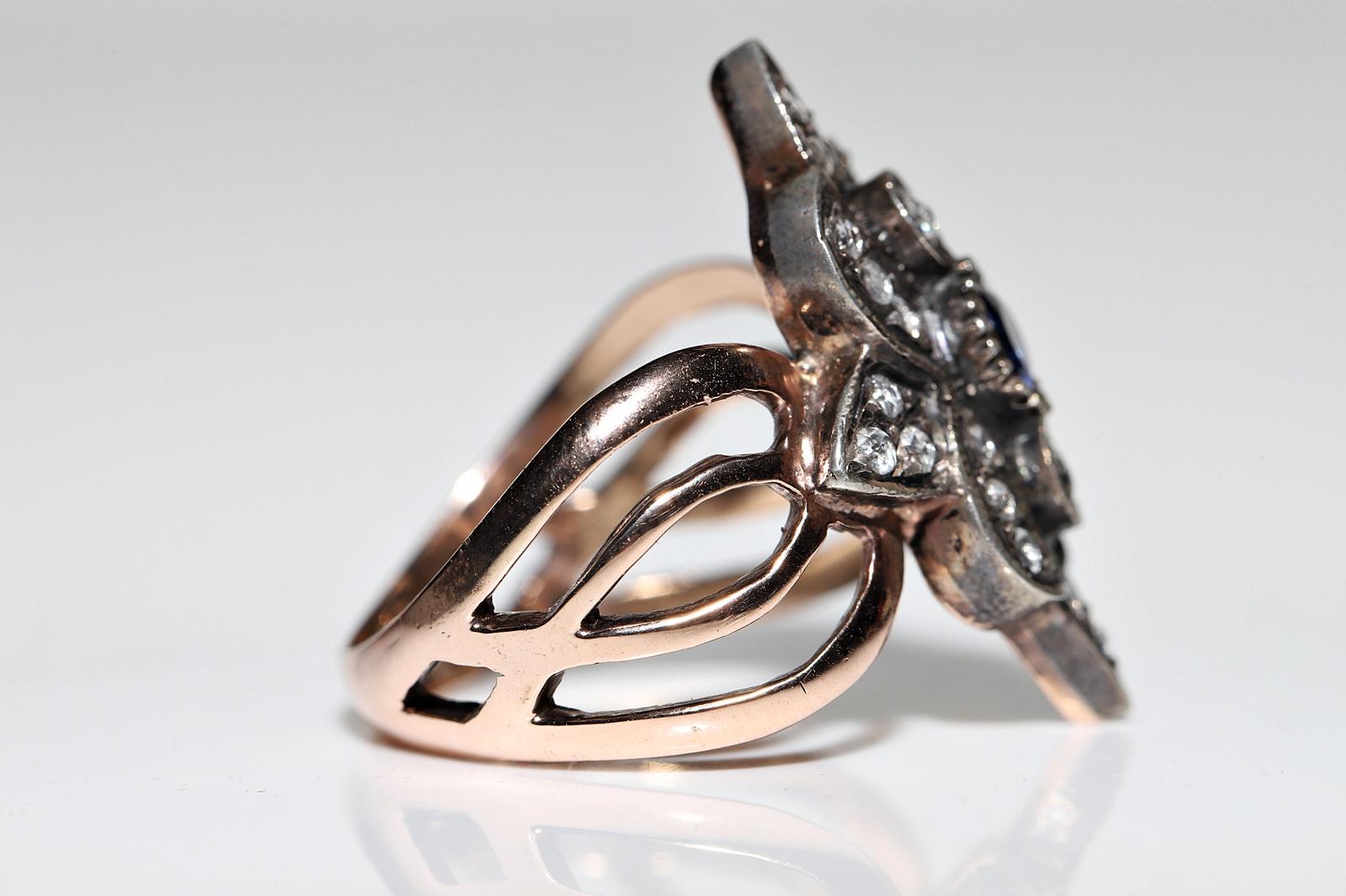 Anello vintage in oro 8k e argento con diamante naturale taglio rosa e zaffiro in vendita 4