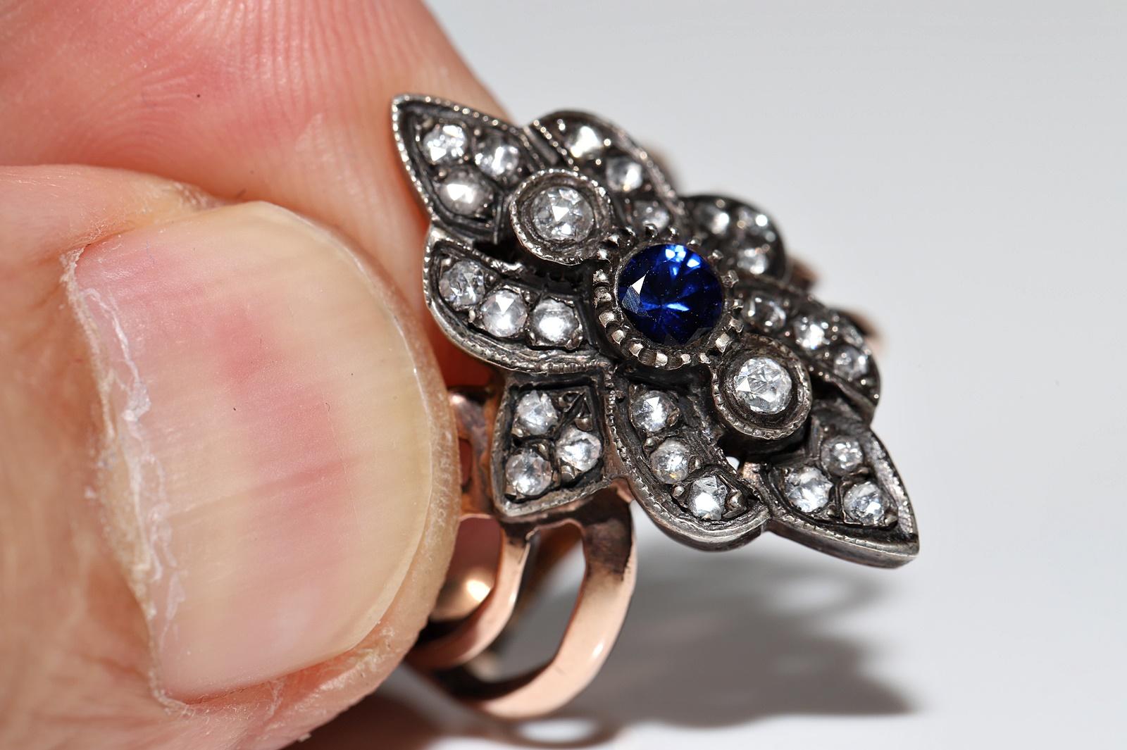 Anello vintage in oro 8k e argento con diamante naturale taglio rosa e zaffiro in vendita 8