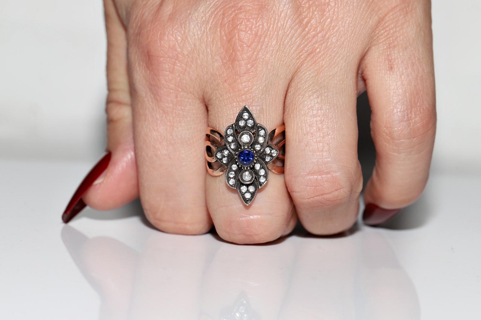 Rétro Anello vintage in oro 8k e argento con diamante naturale taglio rosa e zaffiro in vendita