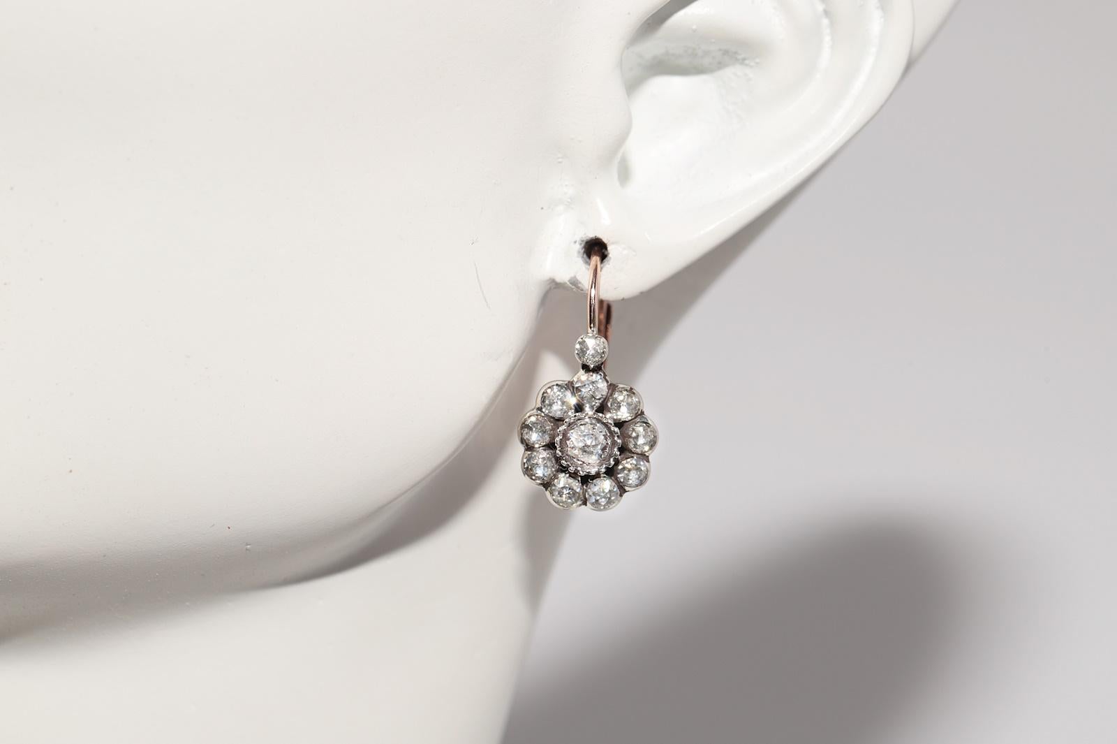 Vintage 8k Gold Top Silber natürliche Rose Cut Diamond dekoriert Rose Ohrring im Angebot 7