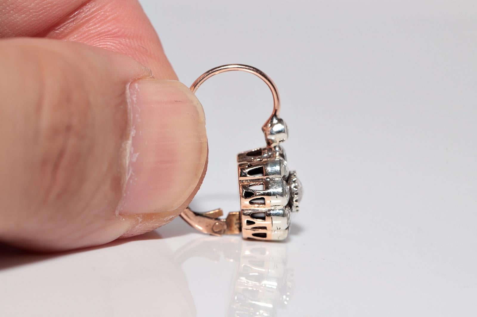 Vintage 8k Gold Top Silber natürliche Rose Cut Diamond dekoriert Rose Ohrring im Angebot 2