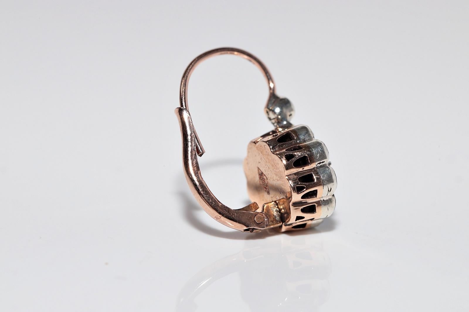 Vintage 8k Gold Top Silber natürliche Rose Cut Diamond dekoriert Rose Ohrring im Angebot 3