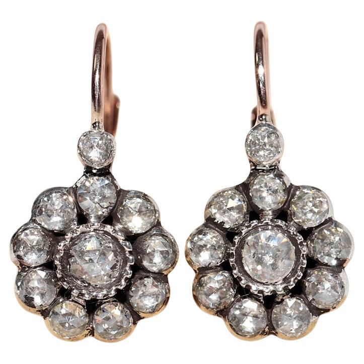 Vintage 8k Gold Top Silver Natural Rose Cut Diamond Decorated Rose Earring