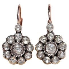 Vintage 8k Gold Top Silver Natural Rose Cut Diamond Decorated Rose Earring