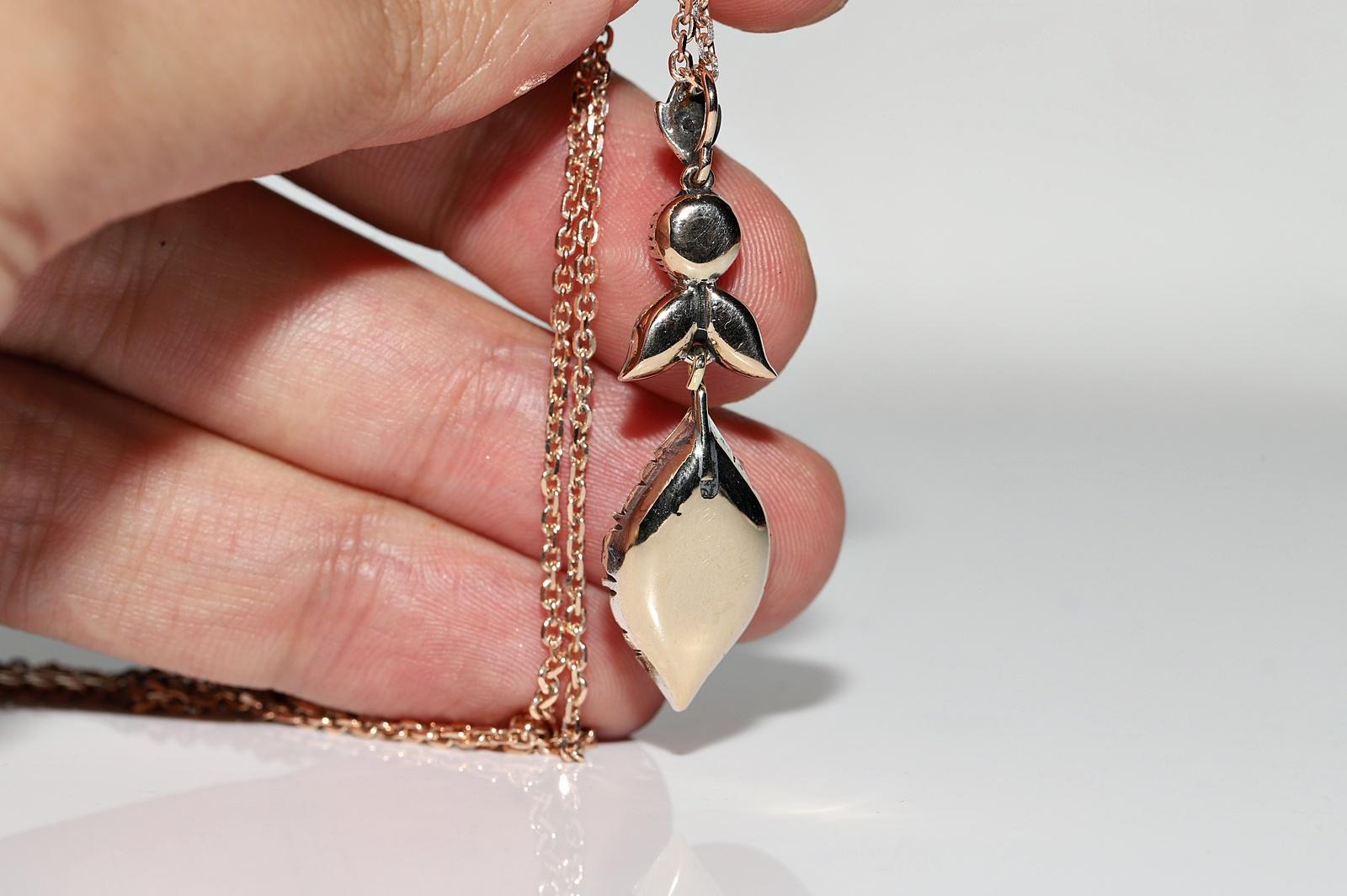 Vintage 8k Gold Top Silver Natural Rose Cut Diamond Drop Pendant Necklace en vente 4