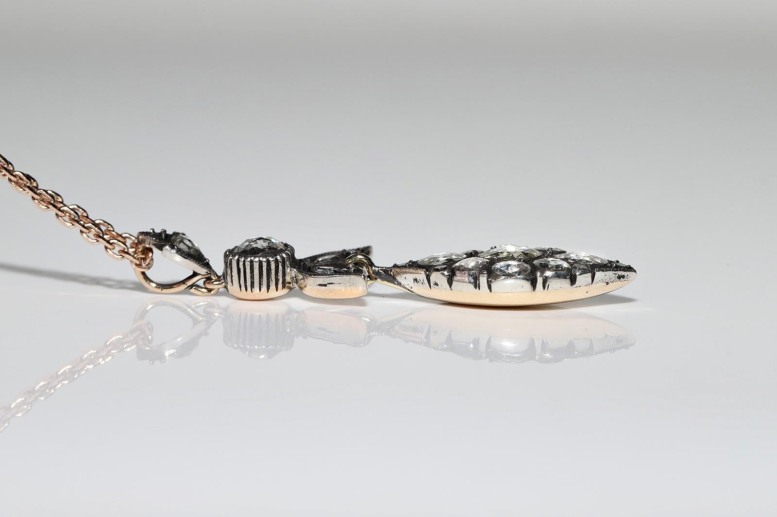 Collana con ciondolo in oro 8k e argento con diamanti naturali taglio rosa vintage in vendita 7