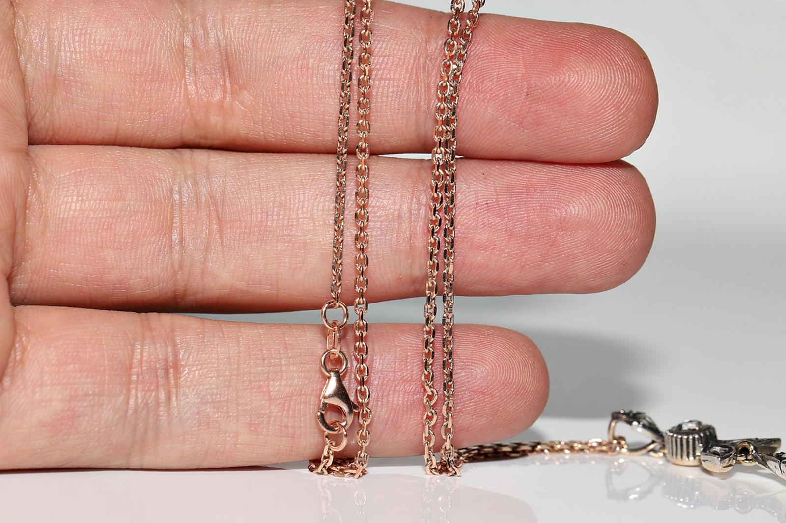 Vintage 8k Gold Top Silver Natural Rose Cut Diamond Drop Pendant Necklace en vente 9