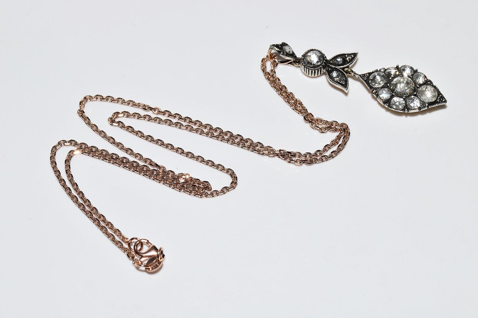 Vintage 8k Gold Top Silver Natural Rose Cut Diamond Drop Pendant Necklace For Sale 11