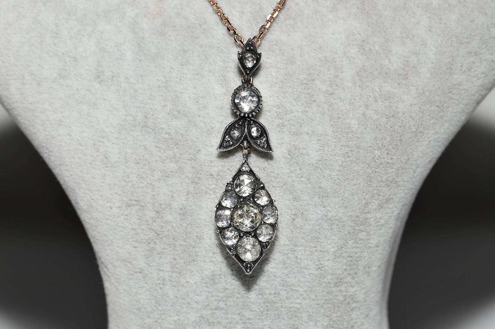Retro Vintage 8k Gold Top Silver Natural Rose Cut Diamond Drop Pendant Necklace For Sale