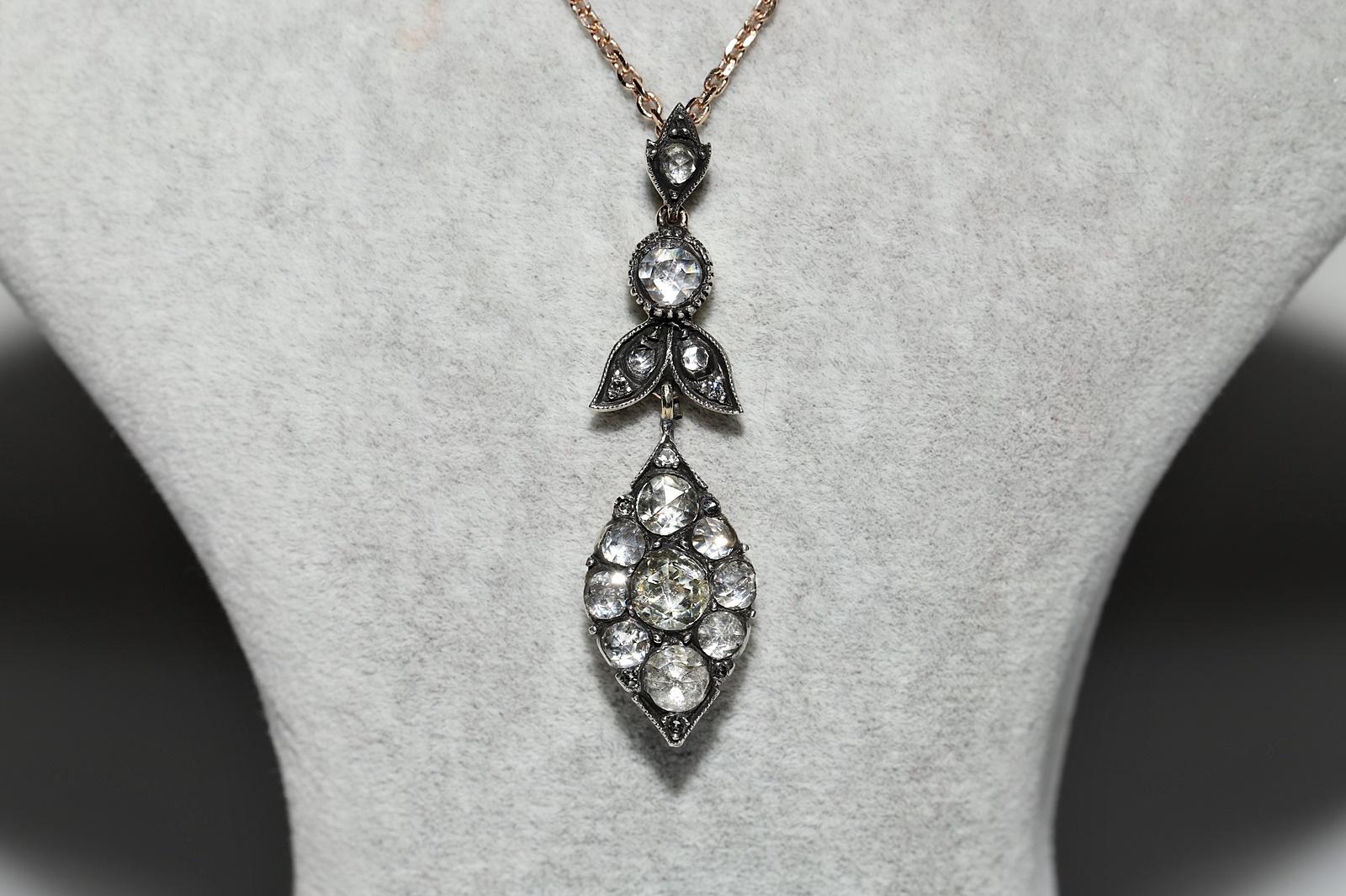 Rétro Collana con ciondolo in oro 8k e argento con diamanti naturali taglio rosa vintage in vendita