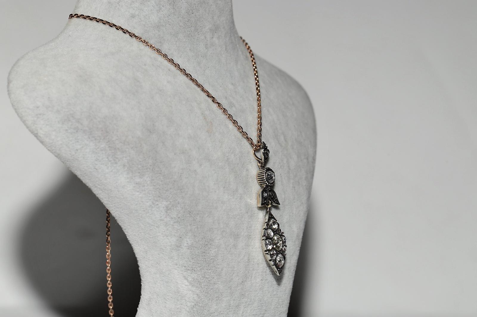 Taglio a rosa Collana con ciondolo in oro 8k e argento con diamanti naturali taglio rosa vintage in vendita