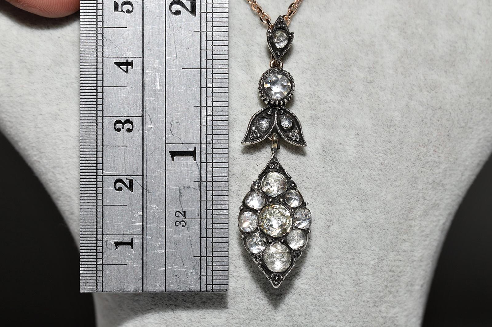 Women's Vintage 8k Gold Top Silver Natural Rose Cut Diamond Drop Pendant Necklace For Sale