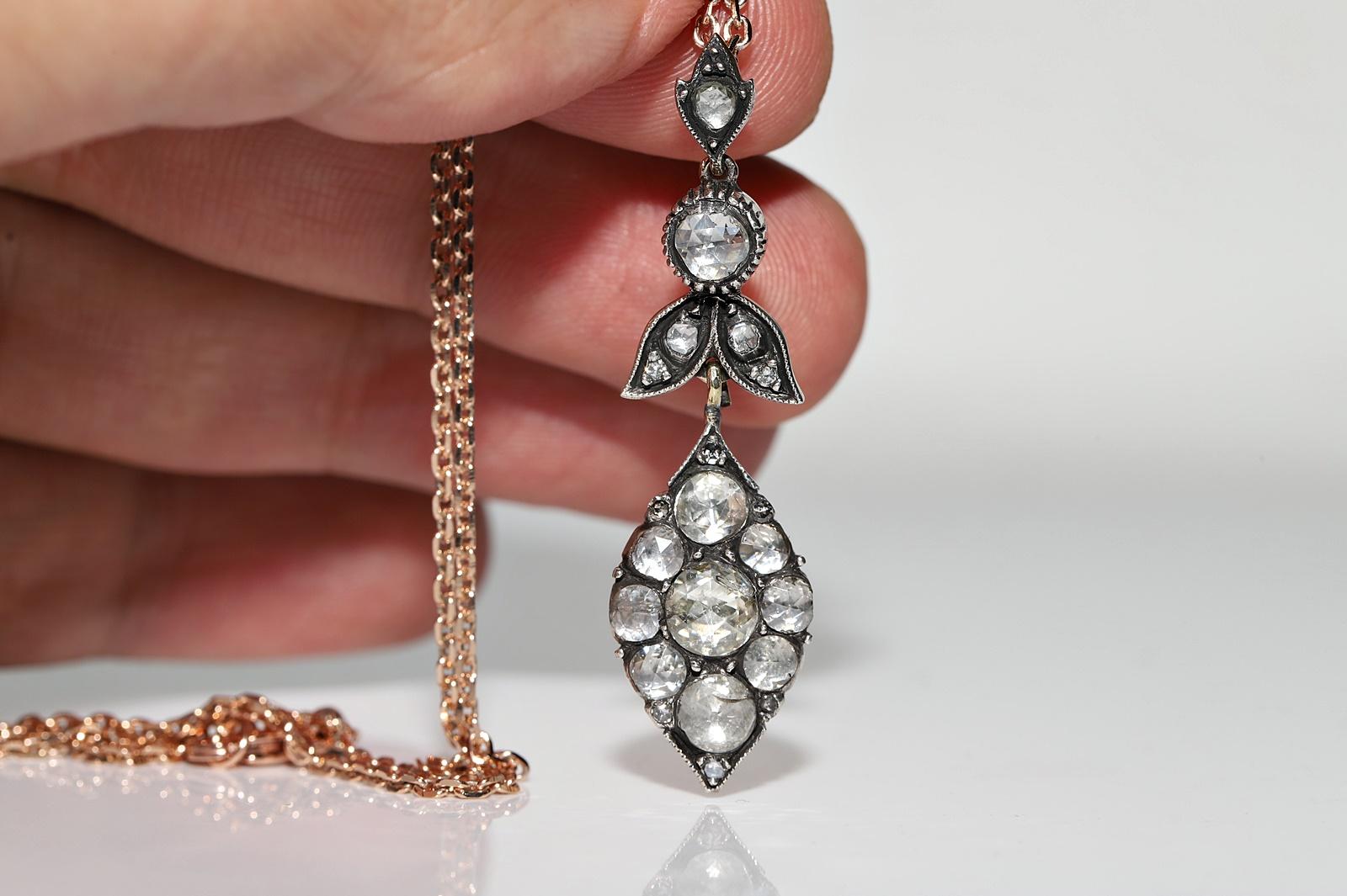 Vintage 8k Gold Top Silver Natural Rose Cut Diamond Drop Pendant Necklace For Sale 1